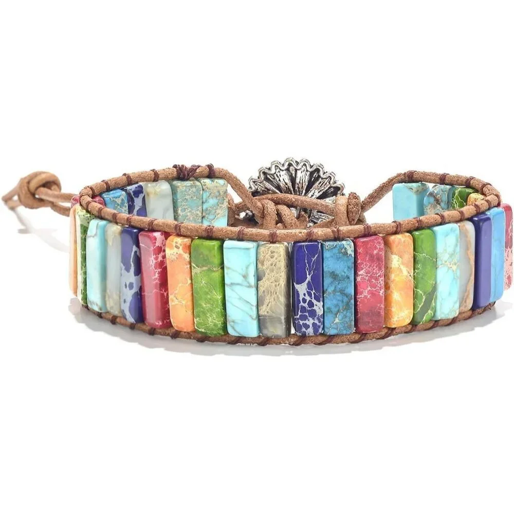 7 Chakra Leather Wrap Bracelet for Women & Men - Healing Stones Bead Jewelry